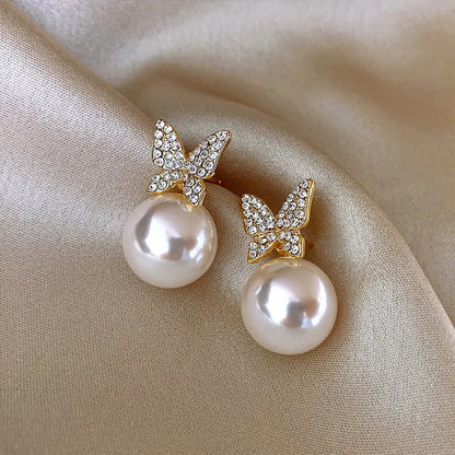 Ikkori Gold-Plated AD and Pearl Butterfly Korean Drop Earrings