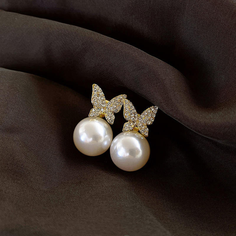 Ikkori Gold-Plated AD and Pearl Butterfly Korean Drop Earrings